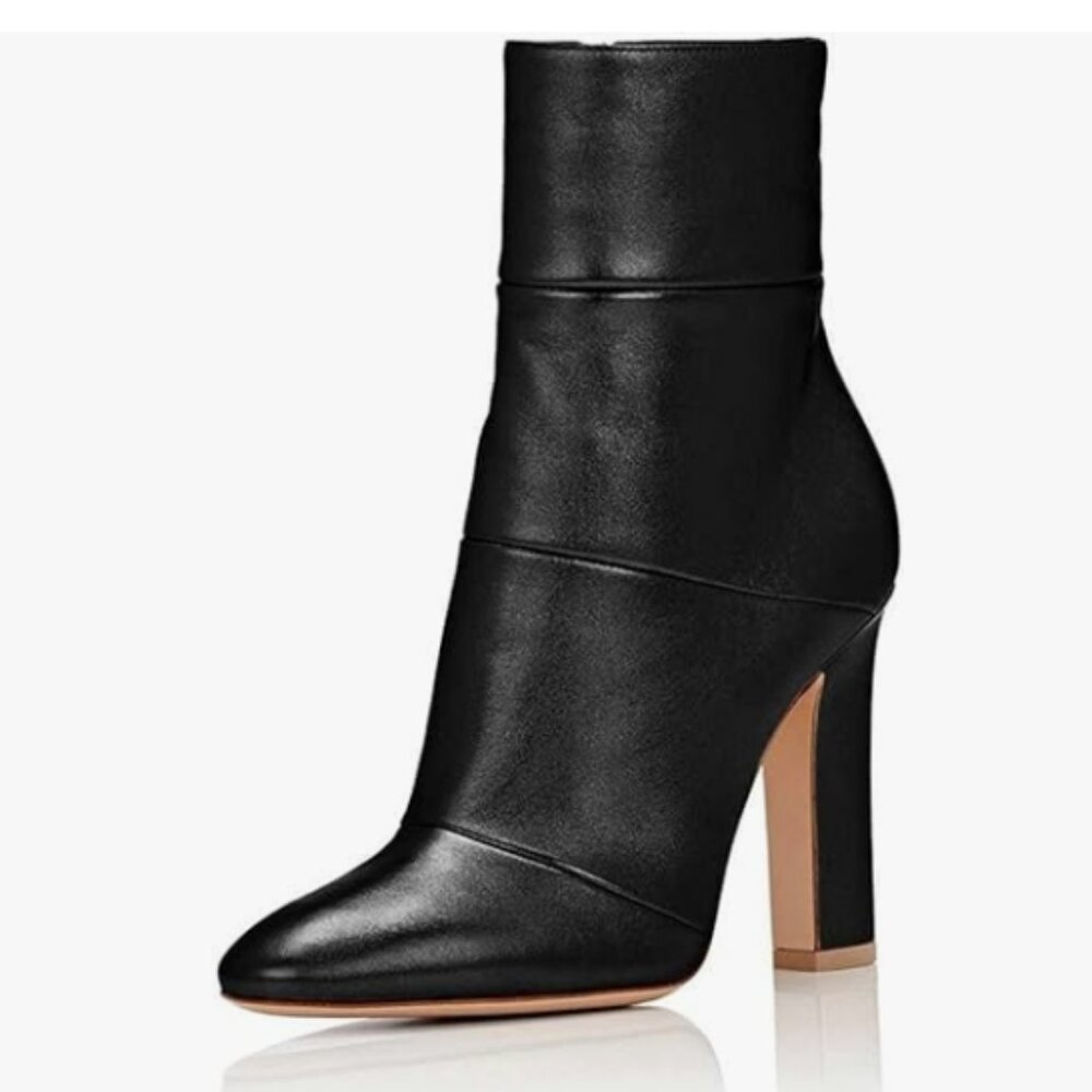 FSJ Black Retro Chunky High Heel Ankle Boots Pointed Toe Side Zipper Shoes